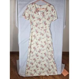 WAYF NWT Yellow Floral V-Neck Short Sleeve Maxi Dress Side Slit Size S